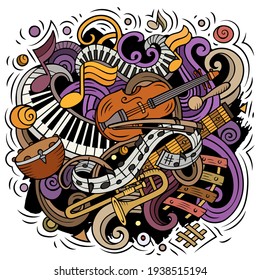 Cartoon vector doodles Classic music illustration. Colorful, detailed, with lots of objects background. All objects separate. Bright colors musical funny picture