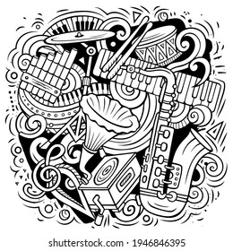 Cartoon vector doodles Classic music illustration. Sketchy, detailed, with lots of objects background. All objects separate. Musical funny picture