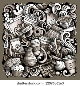 Cartoon vector doodles Coffe shop illustration. Monochrome, detailed, with lots of objects background. All objects separate. Cafe funny picture