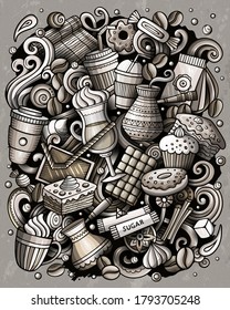 Cartoon vector doodles Coffe shop illustration. Monochrome, detailed, with lots of objects background. All objects separate. Cafe funny picture