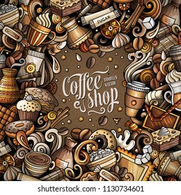 Cartoon vector doodles Coffee frame. Colorful, detailed, with lots of objects background. All objects separate. Bright colors italy cuisine funny border