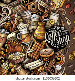 Cartoon vector doodles Coffee frame. Colorful, detailed, with lots of objects background. All objects separate. Bright colors italy cuisine funny border