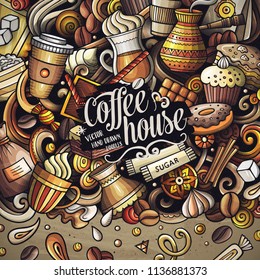 Cartoon vector doodles Coffee frame. Colorful, detailed, with lots of objects background. All objects separate. Bright colors italy cuisine funny border