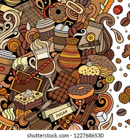 Cartoon vector doodles Coffee frame. Colorful, detailed, with lots of objects background. All objects separate. Bright colors Cafe funny border