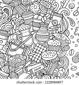Cartoon vector doodles Coffee frame. Sketchy, detailed, with lots of objects background. All objects separate. Line art Cafe funny border