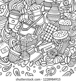 Cartoon vector doodles Coffee frame. Sketchy, detailed, with lots of objects background. All objects separate. Line art Cafe funny border