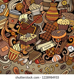 Cartoon vector doodles Coffee frame. Colorful, detailed, with lots of objects background. All objects separate. Bright colors Cafe funny border