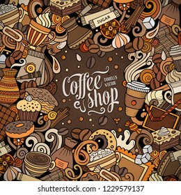 Cartoon vector doodles Coffee frame. Colorful, detailed, with lots of objects background. All objects separate. Bright colors Cafe funny border