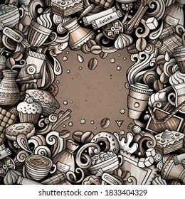 Cartoon vector doodles Coffee frame. Graphic, detailed, with lots of objects background. All objects separate. Cafe funny border