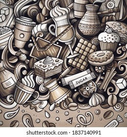 Cartoon vector doodles Coffee frame. Graphic, detailed, with lots of objects background. All objects separate. Cafe funny border