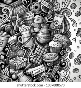 Cartoon vector doodles Coffee frame. Graphic, detailed, with lots of objects background. All objects separate. Cafe funny border