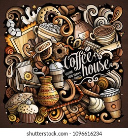 Cartoon vector doodles Coffee House illustration. Colorful, detailed, with lots of objects background. All objects separate. Bright colors Cafe funny picture