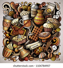 Cartoon vector doodles Coffee House illustration. Colorful, detailed, with lots of objects background. All objects separate. Bright colors Cafe funny picture