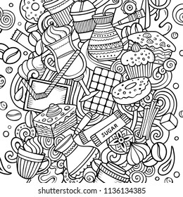 Cartoon vector doodles Coffee House illustration. Line art detailed, with lots of objects background. All objects separate. Sketchy Cafe funny picture