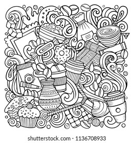 Cartoon vector doodles Coffee House illustration. Line art detailed, with lots of objects background. All objects separate. Sketchy Cafe funny picture