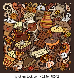 Cartoon vector doodles Coffee House illustration. Colorful, detailed, with lots of objects background. All objects separate. Bright colors Cafe funny picture