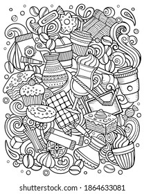 Cartoon vector doodles Coffee House illustration. Line art detailed, with lots of objects background. All objects separate. Sketchy Cafe funny picture