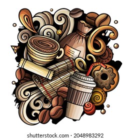 Cartoon vector doodles Coffee House illustration. Colorful, detailed, with lots of objects background. All objects separate. Bright colors Cafe funny picture