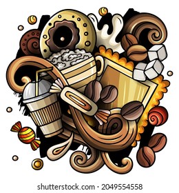 Cartoon vector doodles Coffee House illustration. Colorful, detailed, with lots of objects background. All objects separate. Bright colors Cafe funny picture