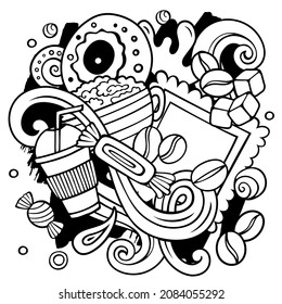 Cartoon vector doodles Coffee House illustration. Line art, detailed, with lots of objects background. All objects separate. Cafe funny picture