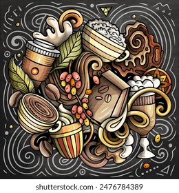 Cartoon vector doodles Coffee House illustration. Colorful, detailed, with lots of objects background. All objects separate. Bright colors Cafe funny picture