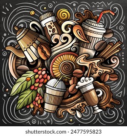 Cartoon vector doodles Coffee House illustration. Colorful, detailed, with lots of objects background. All objects separate. Bright colors Cafe funny picture