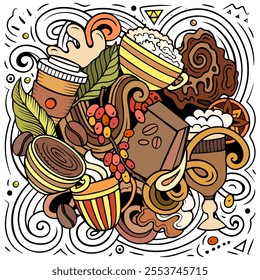 Cartoon vector doodles Coffee House illustration. Colorful, detailed, with lots of objects background. All objects separate. Bright colors Cafe funny picture