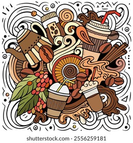 Cartoon vector doodles Coffee House illustration. Colorful, detailed, with lots of objects background. All objects separate. Bright colors Cafe funny picture