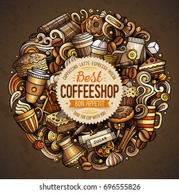 Cartoon vector doodles Coffee shop illustration. Colorful, detailed, with lots of objects background. All objects separate. Bright colors Cafe funny round picture