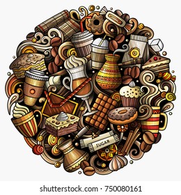 Cartoon vector doodles Coffee shop illustration. Colorful, detailed, with lots of objects background. All objects separate. Bright colors Cafe funny round picture
