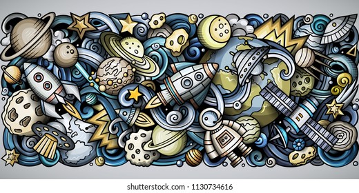 Cartoon vector doodles Cosmic horizontal stripe illustration. Colorful detailed, with lots of objects illustration. All items are separate