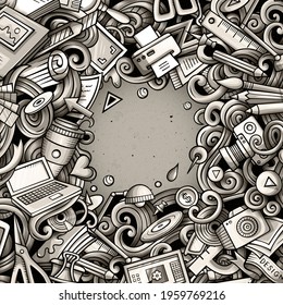 Cartoon vector doodles Design card. Graphics detailed, with lots of objects illustration. All items are separate. Artistic funny border.