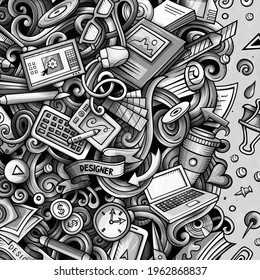 Cartoon vector doodles Design card. Graphics detailed, with lots of objects illustration. All items are separate. Artistic funny border.