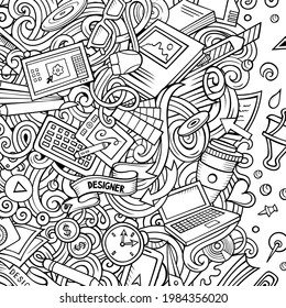 Cartoon vector doodles Design card. Sketch detailed, with lots of objects illustration. All items are separate. Artistic funny border.