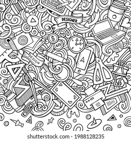 Cartoon vector doodles Design card. Sketch detailed, with lots of objects illustration. All items are separate. Artistic funny border.