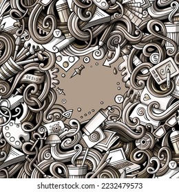 Cartoon vector doodles Design card. Graphics detailed, with lots of objects illustration. All items are separate. Artistic funny border.