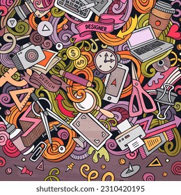 Cartoon vector doodles Design card. Colorful detailed, with lots of objects illustration. All items are separate. Artistic funny border.