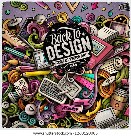 Cartoon vector doodles Design card. Colorful detailed, with lots of objects illustration. All items are separate. Artistic funny border.