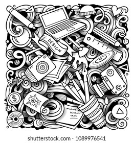 Cartoon vector doodles Design illustration. Line art, detailed, with lots of objects background. All objects separate. Sketchy Artistic funny picture