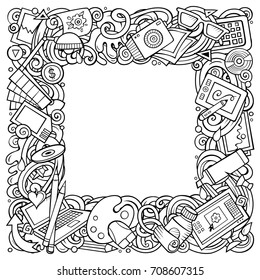 Cartoon vector doodles Designer frame design. Line art detailed, with lots of objects illustration. All items are separate. Outline artistic funny border