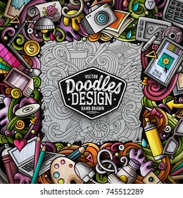 Cartoon vector doodles Designer frame design. Colorful detailed, with lots of objects illustration. All items are separate. Bright colors artistic funny border