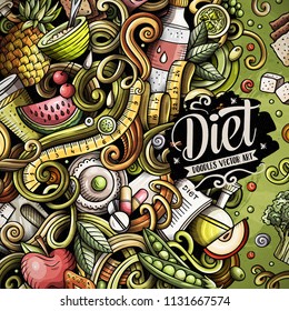Cartoon vector doodles diet food frame. Colorful, detailed, with lots of objects background. All objects separate. Bright colors dietary funny border