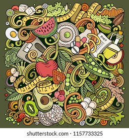 Cartoon vector doodles Diet food illustration. Colorful, detailed, with lots of objects background. All objects separate. Bright colors dietary funny picture