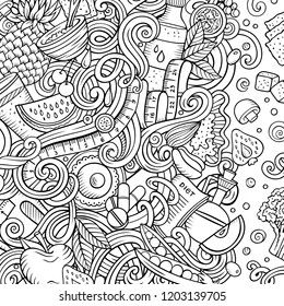 Cartoon vector doodles diet food frame. Line art, detailed, with lots of objects background. All objects separate. Sketchy dietary funny border