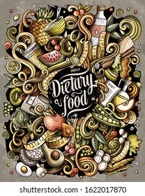 Cartoon vector doodles Diet food illustration. Colorful, detailed, with lots of objects background. All objects separate. Bright colors dietary funny picture