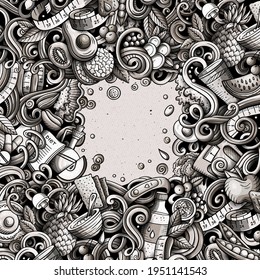 Cartoon vector doodles diet food frame. Monochrome, detailed, with lots of objects background. All objects separate. Graphics dietary funny border