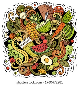 Cartoon vector doodles Diet food illustration. Colorful, detailed, with lots of objects background. All objects separate. Bright colors dietary funny picture