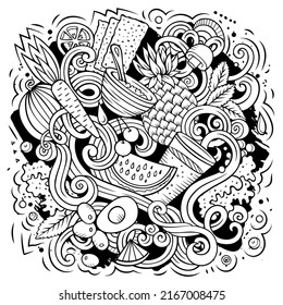 Cartoon vector doodles Diet food illustration. Line art, detailed, with lots of objects background. All objects separate. Dietary funny picture