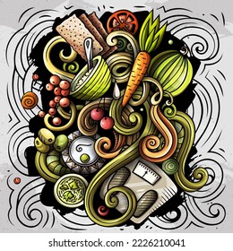 Cartoon vector doodles Diet food illustration. Colorful, detailed, with lots of objects background. All objects separate. Bright colors dietary funny picture