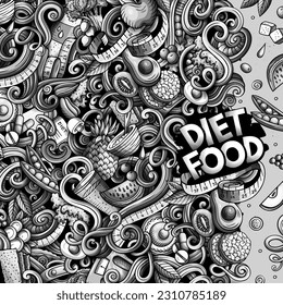 Cartoon vector doodles diet food frame. Monochrome, detailed, with lots of objects background. All objects separate. Graphics dietary funny border